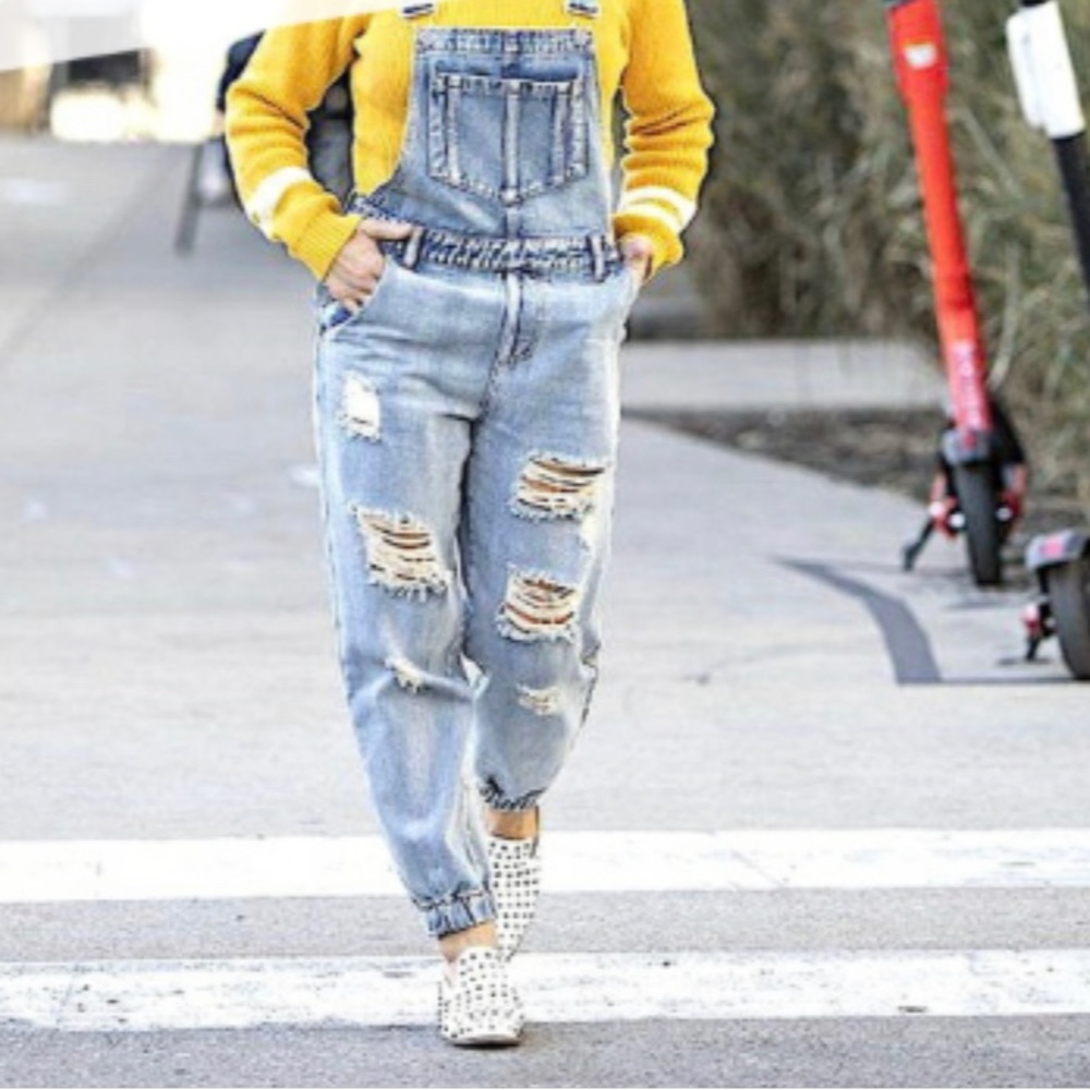 Kittenish Distressed denim overall jogger